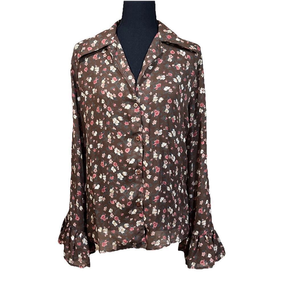 Vintage Guess Blouse Top Women M Brown Floral Y2K Boho Hippie 80s Festival